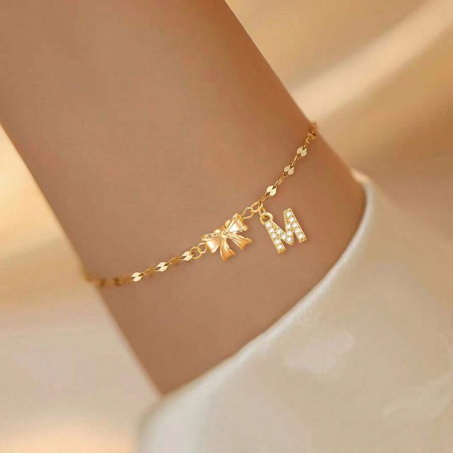 1 pièce Bracelet chaîne de lèvres en acier inoxydable doré avec nœud et lettre, style minimaliste et à la mode pour femmes - Or jaune - Voir 1