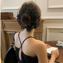 1 chiếc dây buộc tóc kiểu nơ bằng polyester, dây buộc tóc bằng chiffon thanh lịch, phù hợp cho mọi mùa. - Dây buộc tóc lưới đính đá đen - Xem 7