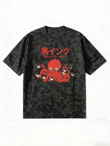 2026 Camiseta de manga corta con cuello redondo y lavado desgastado para mujer en verano, con estampado de pulpo, informal y cómoda, color negro - Negro - Ver 4