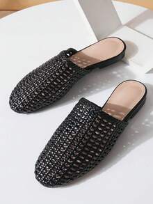 方头镂空编织拖鞋，女士夏季户外平底拖鞋，百搭时尚 - 黑色 - 查看 10