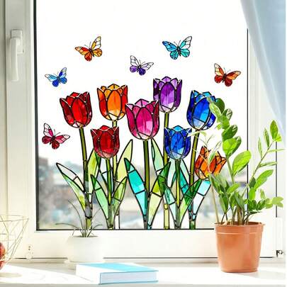 1 miếng dán kính hai mặt cùng màu hình hoa tulip và bướm, hiệu ứng kính màu phản chiếu ánh sáng mặt trời, trang trí cho nhà bếp, phòng ngủ, cửa sổ, phim dán kính họa tiết bướm, nhãn dán cửa sổ thiết kế bướm chuyển màu óng ánh, thích hợp cho gia đình, sân hiên ngoài trời, trang trí cửa trượt, phim trang trí PVC trong suốt chống thấm nước có thể tái sử dụng.