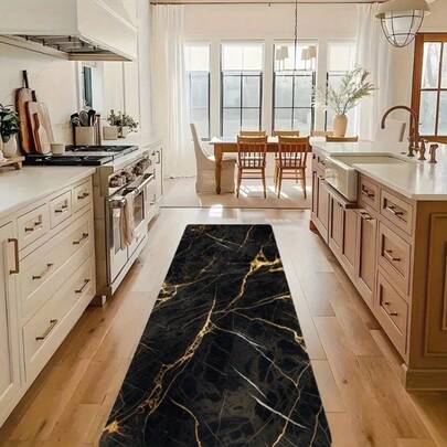 Open-1pc Black Marble Golden Texture Pattern Long Strip Carpet Series, Multicolor Background Indoor Entrance Rug, Bedroom Bedside Mat, Kitchen Mat, Corridor Runner, Soft Thick Bath Mat, Sponge Carpet, Cushioned Non-Slip, Washable, Hallway Runner For Entryways, Living Room, Laundry Room, Bathroom