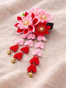 1 pièce Pince à cheveux style japonais avec pompon et fleur, accessoires de cheveux kimono vintage, épingles à cheveux florales en tissu faites à la main avec clochettes pour femmes et filles, ornements de cheveux japonais traditionnels pour cosplay, fête, port quotidien, voyage, anniversaire - Multicolore - Voir 2