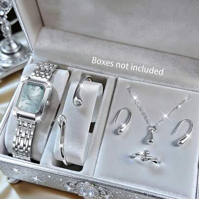 6pcs Teenager Watch Set, Silver Band, Stainless Steel Quartz Watch With Droplet Necklace Bracelet Ring Earring, Elegant Style Best Birthday Gift For Her, Suitable For Daily, Party, Back To School