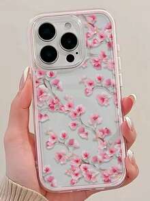 1個粉色桃花圖案透明軟邊全覆蓋TPU時尚手機保護殼，適用於iPhone11 12 13 14 15 16 17 Pro Max/Plus，精美禮物 - 彩色 - 查看 3