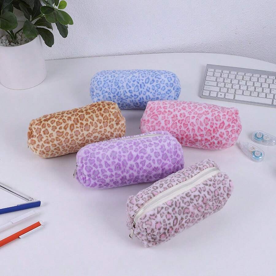 1pc Cute Leopard Print Plush Pencil Case, Ins Style Luxury High-Quality Portable Stationery Bag, Desktop Storage Pouch, Cosmetic Bag