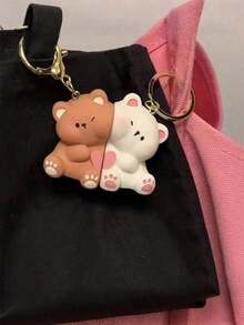 2pcs Premium Personalized Couple Keychain, Suitable For Christmas, Mother's Day, New Year, Birthday, Back To School, Party Gifts - Brown and White - View 3