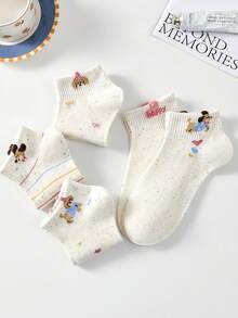 5 đôi tất nữ dễ thương, thoáng khí, làm từ lông cừu mohair, họa tiết hoạt hình động vật sọc, nơ và trái tim, kiểu tất ngắn, tất cổ ngắn, tất thuyền, tất thời trang kiểu Ins, tất trắng, tất kiểu sinh viên, thích hợp cho mặc hàng ngày vào mùa xuân và mùa hè. - Nhiều màu - Xem 3
