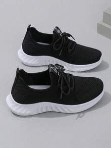 Fall/Winter Women Casual Sports Shoes Mesh Breathable Comfortable Lightweight Lace-Up Sneakers In Solid/Bright Colors, Anti-Slip & Wear-Resistant, Versatile White Shoes For Women - 黑色 - 查看 5