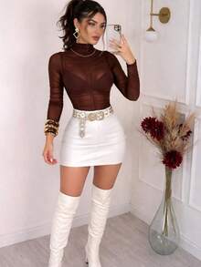 Faux Leather Skirt + Draped Tulle Bodysuit Set - Falda blanca y body marrón - Ver 3