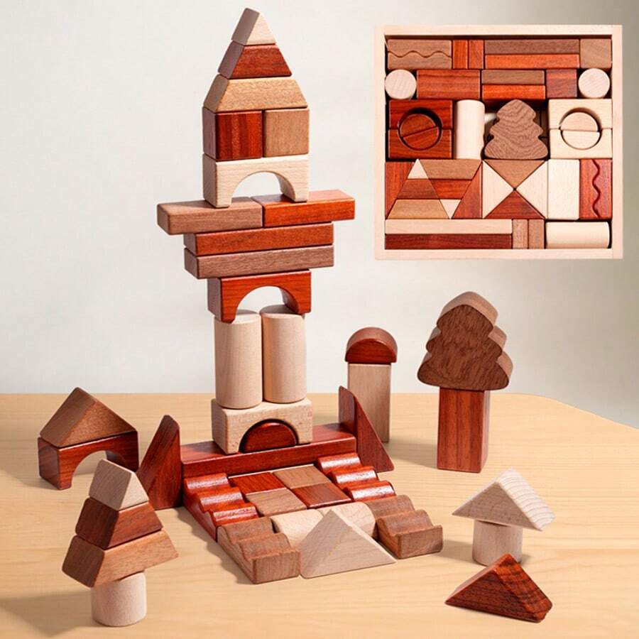 43 piezas Juego de rompecabezas de formas geométricas de madera para niños, caja de bloques de construcción, juego de apilamiento y equilibrio creativo, juguetes para el desarrollo del pensamiento lógico y la imaginación para niños y niñas de 3+ años, regalo de cumpleaños/Día del Niño - Multicolor - Ver 1