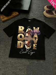 Camiseta de manga corta con cuello redondo y estampado gráfico casual para niños y adolescentes, top de verano - Verde militar - Ver 2