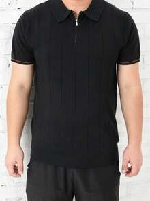 GRDR Men's Polo Collar Vertical Striped Knit Casual Minimalist Short Sleeve T-Shirt - Daily Commute Wear - Black - View 6