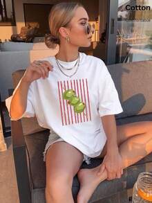 Spring/Summer Oversized Top, 100% Cotton, Women's Short-Sleeve T-Shirt, Fun Striped Olive Pattern, Round Neck, Soft And Comfortable, Casual Wear, Streetwear, Y2K, Beach, Graduation, Vacation Top, White Top - White - View 8