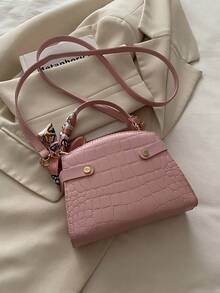 Crocodile Embossed Scarf Decor Flap Cover Handbag, Solid Color Embossed Tote Bag, Fashion Metal Lock Decor Mini Shoulder Crossbody Bag, Suitable For Home, Shopping, Commuting - Pink - View 8