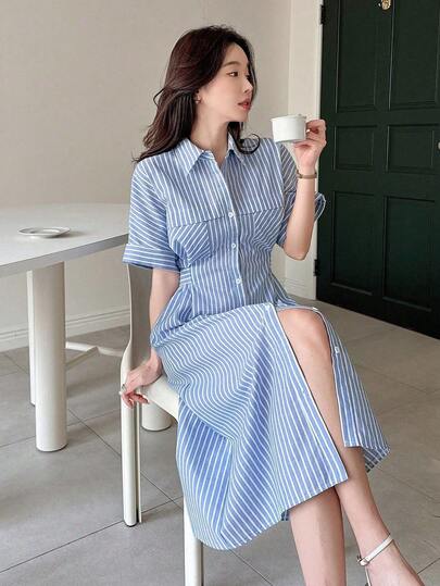 Vestido camisa elegante para mujer, vestido de verano a rayas con cinturón, uso diario de moda