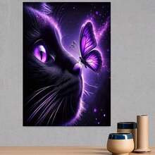 Gato y mariposa - Kit de pintura de arte de diamante 5D, arte de diamante completo redondo, amigable para principiantes, adecuado para decoración de paredes en casa o en la oficina, disponibles varios s de lienzo, regalo perfecto para Halloween y Navidad. - Enmarcado - Ver 3