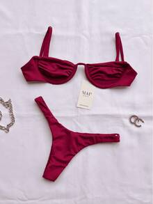 Underwire Bikini With Half-Cup Bra And Thong Bottom With Adjustable Straps. - Wine Hoop (delta Wing) - View 1