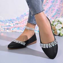 Spring/Autumn New Rhinestone Shoes Women, Pointed Toe Soft Bottom Grandma Shoes, French Luxury Wedding Bridesmaid Shoes, Non-Slip Comfortable Loafers, Versatile Commuter Plus Size Flat Shoes - Black - View 5
