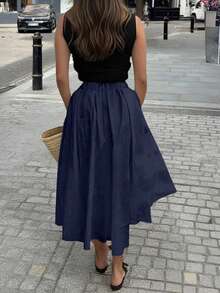 Falda Blanca Versátil de Color Sólido para Mujer, Estilo Casual para Primavera/Verano, Adecuada para Citas, Salidas, Vacaciones, Graduaciones y Regreso a Clases - Azul Marino - Ver 4