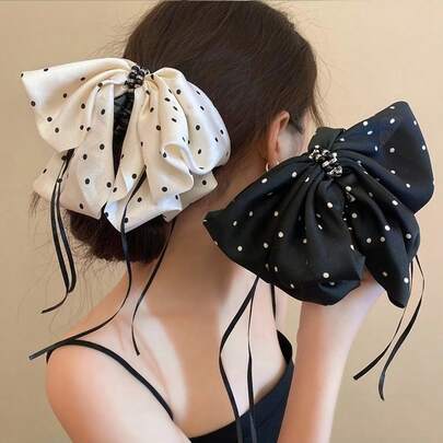 1 chiếc (Xuân/Hè) Kẹp tóc nơ nhiều lớp dài chấm bi đen trắng thanh lịch, dịu dàng và ngọt ngào dành cho nữ, băng đô vải mềm mại hỗ trợ kiểu tóc buộc nửa đầu, thiết kế thời trang công sở, phù hợp cho sử dụng hàng ngày, du lịch, dự tiệc, phong cách thoải mái, phụ kiện tạo kiểu tóc thanh lịch.