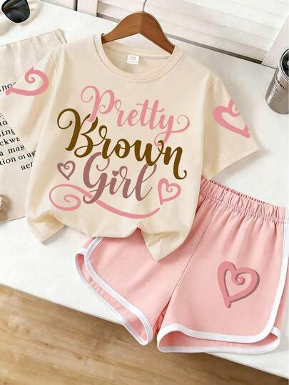 2pcs/Set Girls' Cartoon Slogan Letter Print Round Neck T-Shirt And Elastic Waist Shorts Set, Summer Casual Soft Set For Tween Girl