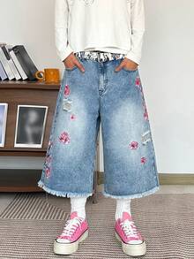1pc Hearty Haven Men's American Streetwear Embroidered Distressed Denim Shorts, Comfortable Loose Wide Leg Frayed Hem Casual Bermuda Shorts, No Belt & Accessories - 藍色 - 查看 7
