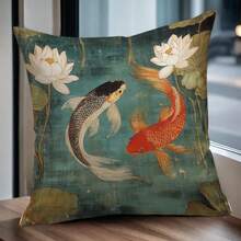 1pc Japanese Traditional Koi Fish Pattern Decorative Pillow Cover, Zipper Closure, Soft & Smooth Polyester Fabric, Double-Sided Printed Pattern, Multiple Sizes Available, Suitable For Sofa, Living Room, Bedroom And Office Decor, Inner Cushion Not Included, Cultural Home Decor Style - Multicolor - View 4