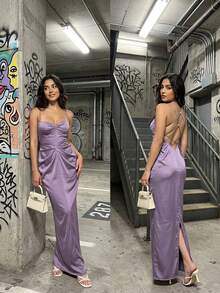 Vacation-Ready Waist-Cinching Dress – Elegant Summer Midi Dress - Purple - View 8