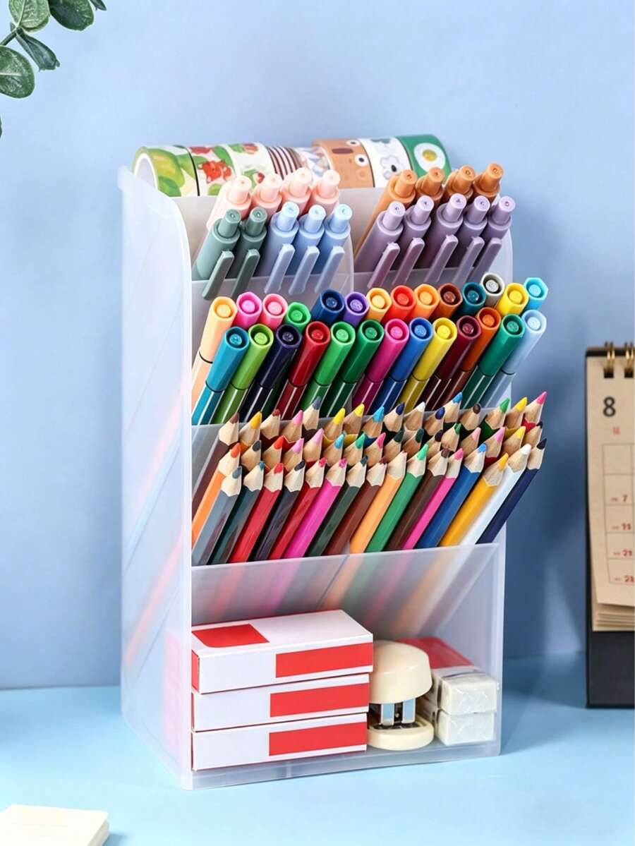 1 hộp đựng văn phòng phẩm nhiều ngăn có thể nghiêng, hộp đựng cọ trang điểm để bàn dung tích lớn.