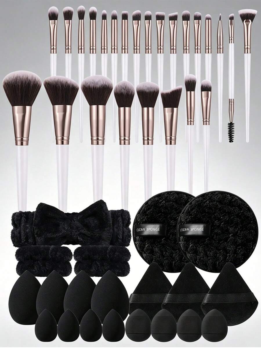 45PCS Makeup Tool Set Includes: 25PCS Makeup Brush Set+4PCS Makeup Sponge+4PCS Mini Makeup Sponge+3pCS Triangular Powder Puff+4PCS Mini Air Cushion Powder Puff+2pCS Hand Bowl Strap+1pc Headband+2pCS Cleansing Sponge - Black and White - View 1