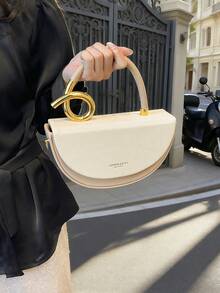 Women's Handbag, Half-Round Structured Bag, Personalized Design Flap Handbag, Fashion Elegant Lady Shoulder/Crossbody Bag, Suitable For Shopping And Commuting, Beige - Beige - View 4