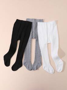 3 Pairs Baby Girls' Solid Color Cable Knit Tight Elastic Leggings, Soft And Comfortable For 0-3 Years Old - Multicolor - View 11