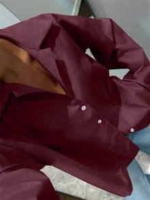 粉色长袖休闲优雅复古时尚女式衬衫，适合春季、夏季、节日、情人节穿着。 - 酒紅色 - 查看 4