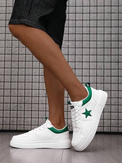 Unisex Casual Shoes, Size 36-45, Lace-Up Soft Sole Flat Comfortable Sneakers, Lightweight Low-Top Daily Wear Skateboard Shoes, Flat Bottomed Shoes For Women, Fashionable Star Shoes For Outdoor, Versatile Breathable White Sneakers