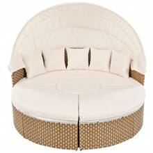 Garden Lounge Chair Set, Sun Island, Rattan Garden Table And Chair Set, Shell Garden Lounge Chair Bed, Extendable Canopy, Liftable Tabletop, Beige, Including All Cushions And Seat Cushions - A - View 10