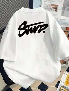 Camiseta de manga corta con estampado de letras y grafiti estilo callejero, camiseta holgada de algodón puro de marca americana, unisex, de verano, oversize - Negro - Ver 6
