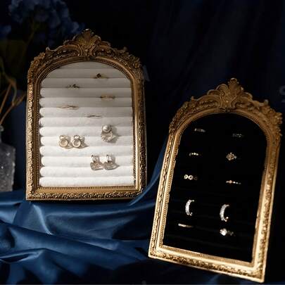 1PC New Vintage Resin Scroll Velvet Jewelry Holder, Vintage Photo Frame Scroll Ring Tray, Necklace Earring Display Prop, For Home Decor Art, Holiday Gift, Jewelry Tower, Earring Stand, Jewelry Storage, Classic Jewelry Prop, Vintage Design