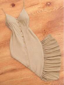 Long Dress In Viscose Linen, Plain, With Thin Straps, Buttons Down The Front, Padded Cups And Lining. Elasticated Back. - Beige - View 4