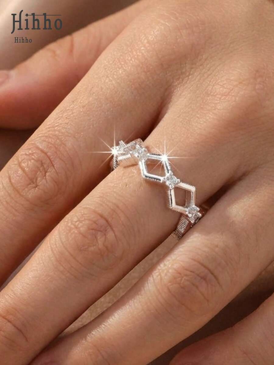 Hihho 1 chiếc nhẫn hở hình thoi hình học đính đá Zirconia, thiết kế đính đá Zirconia kiểu pave, thích hợp đeo hàng ngày, hẹn hò, dự tiệc và các dịp trang trọng. - nhẫn kim cương - Xem 1