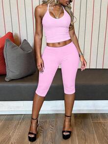 LovelyWholesale Women's Casual Knit Vest Paired With Pants Set, Solid Color Summer Outfit Pink - 粉色 - 查看 3