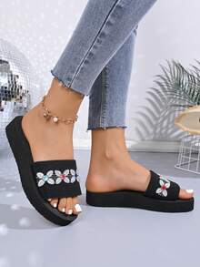 1 Pair Fabric Breathable Platform Slippers, Fashionable Comfortable Versatile Suitable For Teenage Girls In Summer - Black - View 3