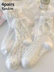 2/4 Pairs Women Lace Trim Mid-Calf Socks, Casual School Style Socks, Home & Travel Socks, Random Mixed - White - View 6