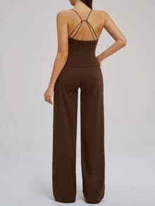 TimeOff Women's One Set Solid Color V-Neck Spaghetti Strap Sports Bra & Criss-Cross Waist Letter Print Straight Leg Pants Set - Brown - View 3