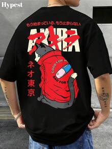 Anime-Style Akira Neon Tokyo Red Cat 100 Percent Cotton Loose Fit Graphic Shirts Anime Clothes Men's Clothing Spring Outfit Men's Tshirt Streetwear Gifts For Men For Anime Fan Cozy And Perfect For Daily Wear - 黑色 - 查看 1