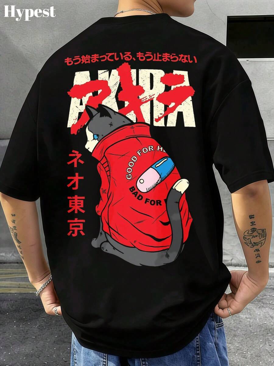 Anime-Style Akira Neon Tokyo Red Cat 100 Percent Cotton Loose Fit Graphic Shirts Anime Clothes Men's Clothing Spring Outfit Men's Tshirt Streetwear Gifts For Men For Anime Fan Cozy And Perfect For Daily Wear - 黑色 - 查看 1