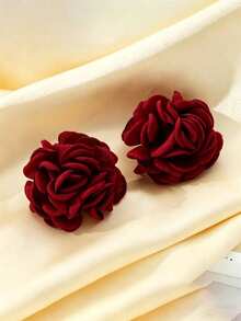 1对时尚、优雅、浪漫的玫瑰植绒耳环，情人节送给女性的贴心礼物 - 酒紅色 - 查看 2