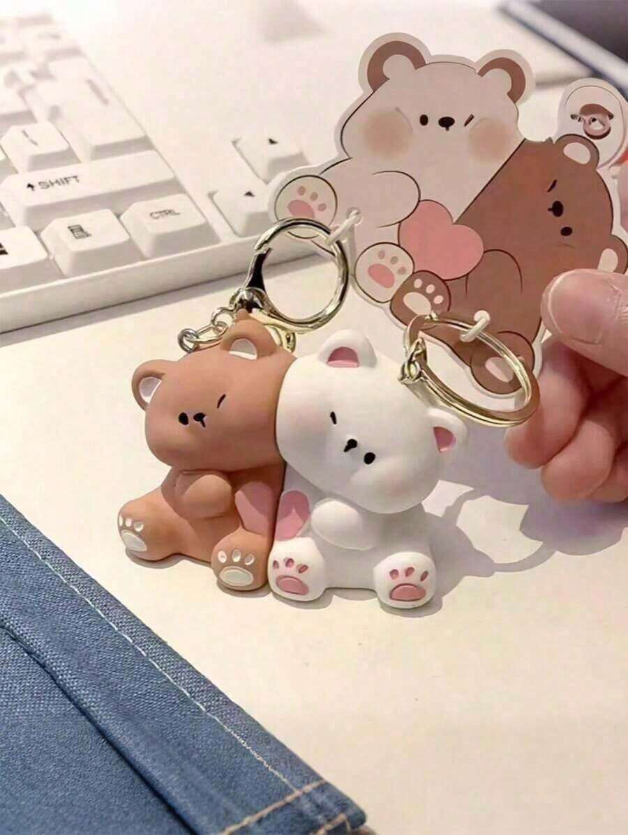 2pcs Premium Personalized Couple Keychain, Suitable For Christmas, Mother's Day, New Year, Birthday, Back To School, Party Gifts - Brown and White - View 1