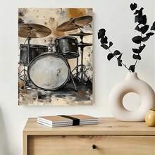 Enmarcado Juego de 3 lienzos decorativos vintage con instrumentos musicales, incluyendo guitarra, piano y batería.  , ideales para sala de estar, dormitorio, cocina, baño, oficina y cafetería. Perfectos para decorar cualquier habitación. - Enmarcado - Ver 4