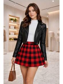 Women's Short Plaid Skirt, High Waist, Flared, Casual Style, Blogger Fashion, Autumn/Winter, Premium - Đỏ/Đen - Xem 3